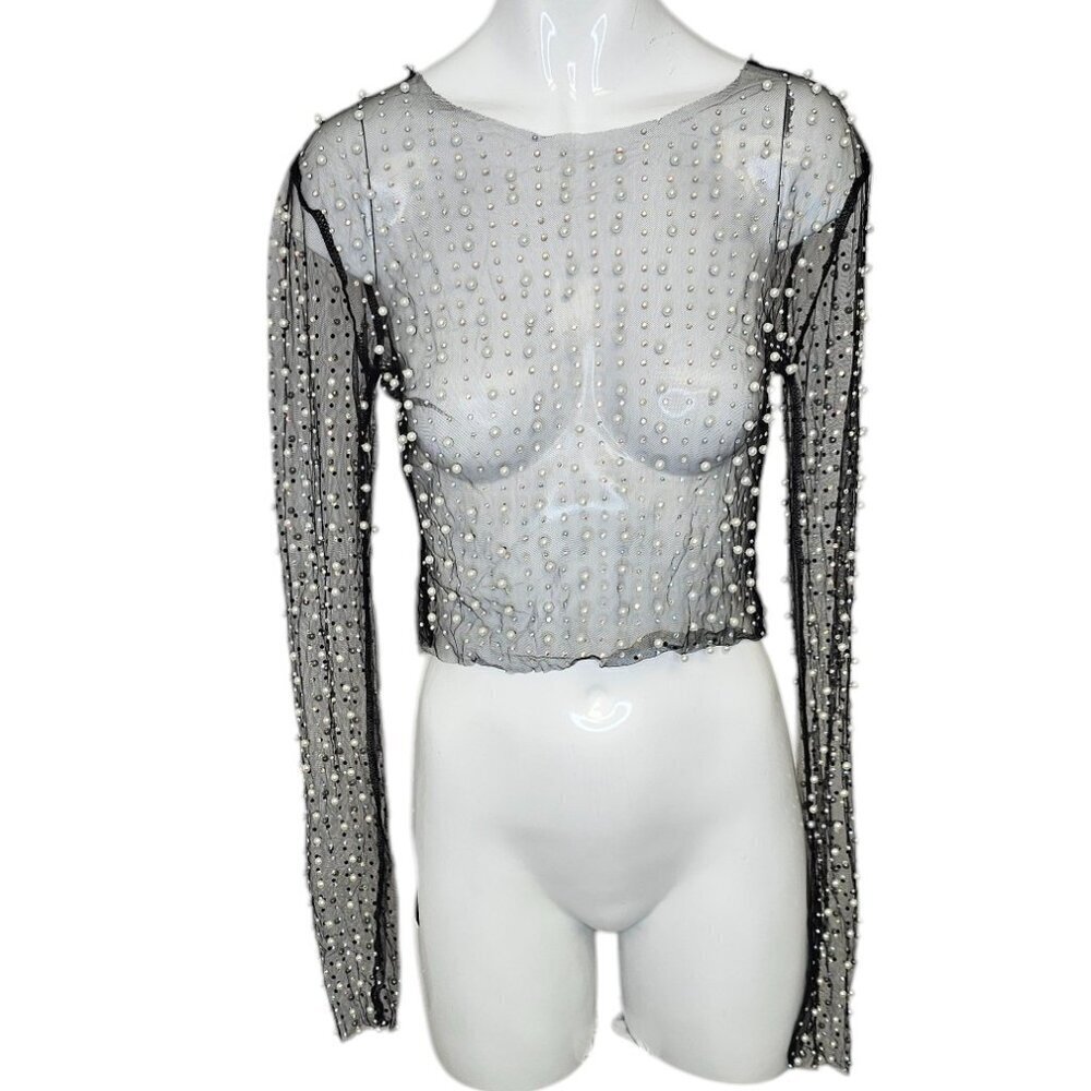 Honey Hot & Delicious Long Sleeve Pearl Rhinestone Sheer Crop Top, Black, Size S